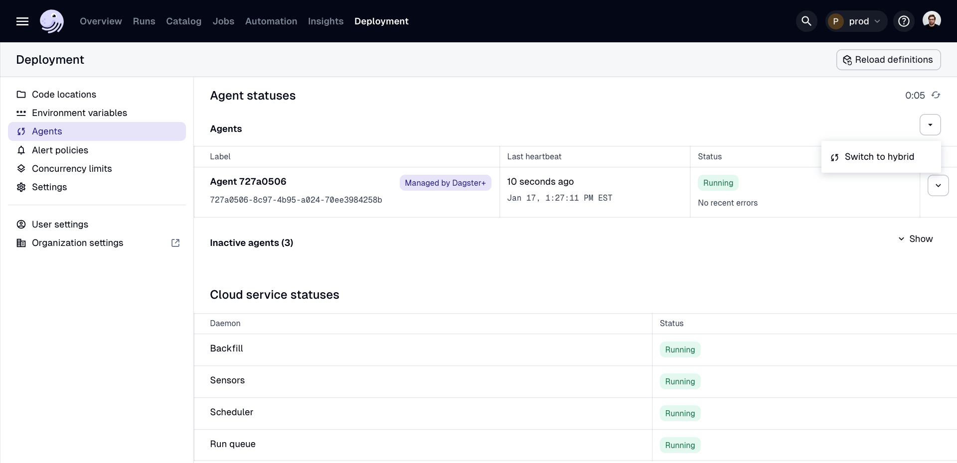 Switch agent to Hybrid dropdown arrow